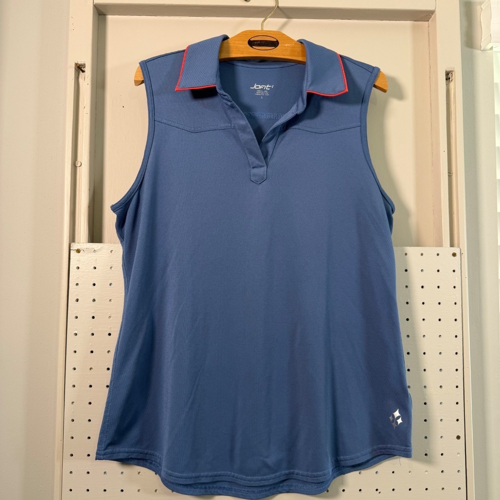 Jofit Golf Polo Shirt Womens Blue V-Neck Sleeveless Performance Top Large Tennis
